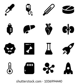 Solid vector icon set - pipette vector, drop counter, thermometer, pill, liver, heart, kidneys, virus, x ray, flask, rocket, micro flash card, molecule