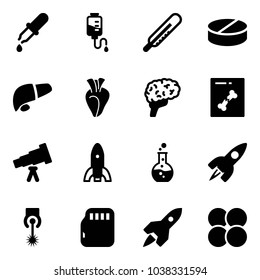 Solid vector icon set - pipette vector, drop counter, thermometer, pill, liver, heart, brain, x ray, telescope, rocket, round flask, laser, micro flash card, atom core