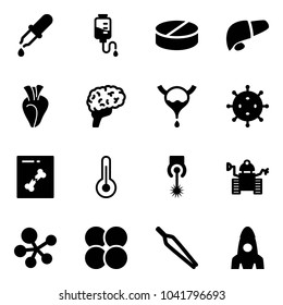 Solid vector icon set - pipette vector, drop counter, pill, liver, heart, brain, bladder, virus, x ray, thermometer, laser, robot, molecule, atom core, forceps, rocket