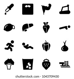 Solid vector icon set - pipette vector, floor scales, power hand, treadmill, lemon, liver, heart, push ups, run, abdominal muscles, sweet pepper, onion, broccoli, garbage, strawberry, pool