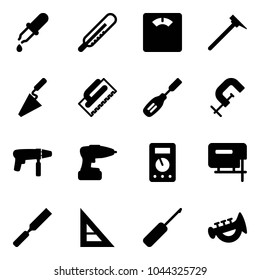 Solid vector icon set - pipette vector, thermometer, floor scales, mason hammer, trowel, chisel, clamp, drill machine, multimeter, jig saw, rasp, corner ruler, awl, horn toy