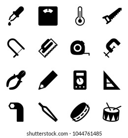 Solid vector icon set - pipette vector, floor scales, thermometer, saw, fretsaw, trowel, measuring tape, clamp, side cutters, pencil, multimeter, corner ruler, allen key, forceps, tambourine, drum