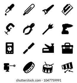 Solid vector icon set - pipette vector, thermometer, saw, trowel, clamp, side cutters, wood drill, multimeter, rasp, stapler, tool box, laser lever, tambourine, drum, xylophone