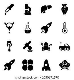 Solid vector icon set - pipette vector, lab, liver, heart, bladder, round flask, rocket, thermometer, laser, satellite, robot, moon rover, atom core, ufo toy