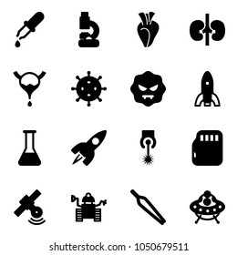 Solid vector icon set - pipette vector, lab, heart, kidneys, bladder, virus, rocket, flask, laser, micro flash card, satellite, robot, forceps, ufo toy