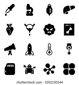 Solid vector icon set - pipette vector, lab, drop counter, liver, heart, bladder, virus, x ray, telescope, rocket, thermometer, laser, micro flash card, robot, molecule, atom core