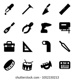 Solid vector icon set - pipette vector, mason hammer, trowel, level, chisel, side cutters, drill, jig saw, tool box, corner ruler, allen key, forceps, tambourine, drum, horn toy, piano