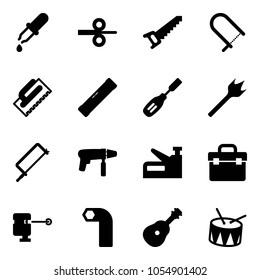 Solid vector icon set - pipette vector, steel rolling, saw, fretsaw, trowel, level, chisel, wood drill, metal hacksaw, machine, stapler, tool box, laser lever, allen key, guitar, drum
