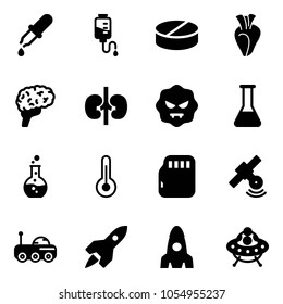 Solid vector icon set - pipette vector, drop counter, pill, heart, brain, kidneys, virus, flask, round, thermometer, micro flash card, satellite, moon rover, rocket, ufo toy