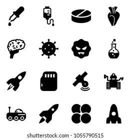 Solid vector icon set - pipette vector, drop counter, pill, heart, brain, virus, round flask, rocket, micro flash card, satellite, robot, moon rover, atom core