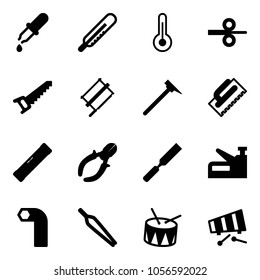 Solid vector icon set - pipette vector, thermometer, steel rolling, saw, bucksaw, mason hammer, trowel, level, side cutters, rasp, stapler, allen key, forceps, drum, xylophone