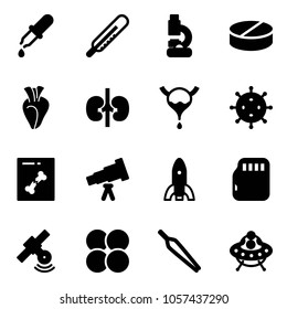 Solid vector icon set - pipette vector, thermometer, lab, pill, heart, kidneys, bladder, virus, x ray, telescope, rocket, micro flash card, satellite, atom core, forceps, ufo toy