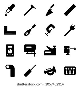 Solid vector icon set - pipette vector, mason hammer, trowel, level, corner ruler, chisel, clamp, wood drill, multimeter, jig saw, stapler, laser lever, allen key, awl, horn toy, piano