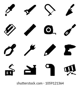 Solid vector icon set - pipette vector, saw, fretsaw, trowel, level, measuring tape, chisel, side cutters, wood drill, pencil, welding, stapler, allen key, xylophone