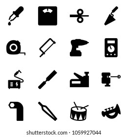 Solid vector icon set - pipette vector, floor scales, steel rolling, trowel, measuring tape, metal hacksaw, drill, multimeter, welding, rasp, stapler, laser lever, allen key, forceps, drum, horn toy