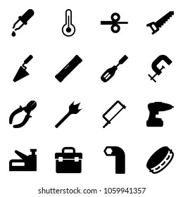 Solid vector icon set - pipette vector, thermometer, steel rolling, saw, trowel, level, chisel, clamp, side cutters, wood drill, metal hacksaw, stapler, tool box, allen key, tambourine