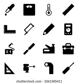 Solid vector icon set - pipette vector, floor scales, thermometer, level, corner ruler, metal hacksaw, pencil, multimeter, welding, rasp, stapler, tool box, laser lever, allen key, awl