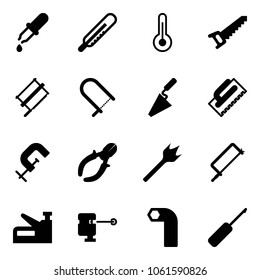 Solid vector icon set - pipette vector, thermometer, saw, bucksaw, fretsaw, trowel, clamp, side cutters, wood drill, metal hacksaw, stapler, laser lever, allen key, awl