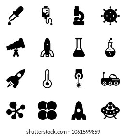 Solid vector icon set - pipette vector, drop counter, lab, virus, telescope, rocket, flask, round, thermometer, laser, moon rover, molecule, atom core, ufo toy