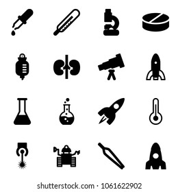 Solid vector icon set - pipette vector, thermometer, lab, pill, drop counter, kidneys, telescope, rocket, flask, round, laser, robot, forceps