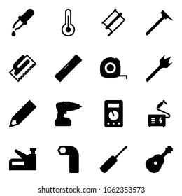 Solid vector icon set - pipette vector, thermometer, bucksaw, mason hammer, trowel, level, measuring tape, wood drill, pencil, multimeter, welding, stapler, allen key, awl, guitar