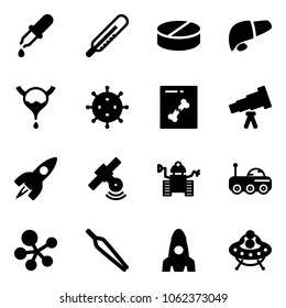 Solid vector icon set - pipette vector, thermometer, pill, liver, bladder, virus, x ray, telescope, rocket, satellite, robot, moon rover, molecule, forceps, ufo toy