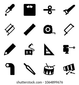 Solid vector icon set - pipette vector, floor scales, steel rolling, saw, bucksaw, level, measuring tape, metal hacksaw, pencil, welding, corner ruler, laser lever, allen key, forceps, drum