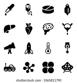 Solid vector icon set - pipette vector, drop counter, pill, liver, heart, brain, bladder, telescope, rocket, thermometer, laser, moon rover, molecule, atom core, ufo toy
