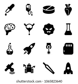 Solid vector icon set - pipette vector, drop counter, pill, heart, brain, bladder, virus, flask, round, rocket, laser, micro flash card, satellite, robot, forceps