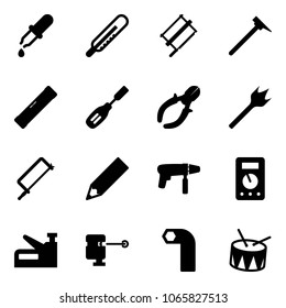 Solid vector icon set - pipette vector, thermometer, bucksaw, mason hammer, level, chisel, side cutters, wood drill, metal hacksaw, pencil, machine, multimeter, stapler, laser lever, allen key, drum