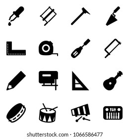 Solid vector icon set - pipette vector, bucksaw, mason hammer, trowel, corner ruler, measuring tape, chisel, metal hacksaw, pencil, jig saw, guitar, tambourine, drum, xylophone, toy piano