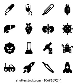 Solid vector icon set - pipette vector, drop counter, thermometer, liver, heart, kidneys, virus, flask, satellite, robot, moon rover, rocket, forceps