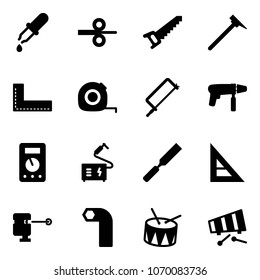 Solid vector icon set - pipette vector, steel rolling, saw, mason hammer, corner ruler, measuring tape, metal hacksaw, drill machine, multimeter, welding, rasp, laser lever, allen key, drum