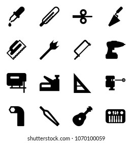 Solid vector icon set - pipette vector, thermometer, steel rolling, trowel, wood drill, metal hacksaw, jig saw, stapler, corner ruler, laser lever, allen key, forceps, guitar, toy piano