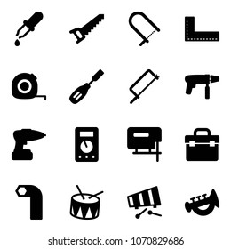 Solid vector icon set - pipette vector, saw, fretsaw, corner ruler, measuring tape, chisel, metal hacksaw, drill machine, multimeter, jig, tool box, allen key, drum, xylophone, horn toy