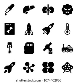 Solid vector icon set - pipette vector, liver, kidneys, virus, x ray, rocket, thermometer, laser, micro flash card, satellite, moon rover, molecule, atom core, ufo toy