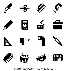 Solid vector icon set - pipette vector, steel rolling, trowel, clamp, pencil, multimeter, welding, tool box, corner ruler, laser lever, allen key, forceps, tambourine, drum, horn toy, piano