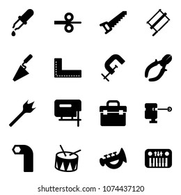 Solid vector icon set - pipette vector, steel rolling, saw, bucksaw, trowel, corner ruler, clamp, side cutters, wood drill, jig, tool box, laser lever, allen key, drum, horn toy, piano