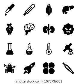 Solid vector icon set - pipette vector, thermometer, drop counter, liver, heart, brain, kidneys, virus, flask, round, satellite, robot, rocket, atom core, forceps