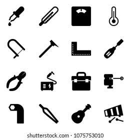 Solid vector icon set - pipette vector, thermometer, floor scales, fretsaw, mason hammer, corner ruler, chisel, side cutters, welding, tool box, laser lever, allen key, forceps, guitar, xylophone