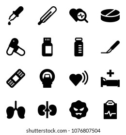 Solid vector icon set - pipette vector, thermometer, heart diagnosis, pill, pills, bottle, vial, scalpel, medical patch, mri, beat, hospital bed, lungs, kidneys, virus, pulse clipboard