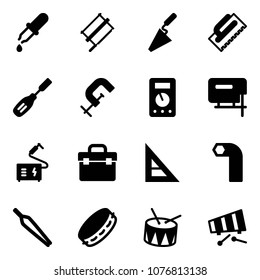 Solid vector icon set - pipette vector, bucksaw, trowel, chisel, clamp, multimeter, jig saw, welding, tool box, corner ruler, allen key, forceps, tambourine, drum, xylophone