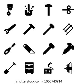 Solid vector icon set - piston vector, casting of steel, hammer, rolling, saw, sledgehammer, bucksaw, chisel, work knife, nail, screw, shovel, tool cabinet, welding, allen key set