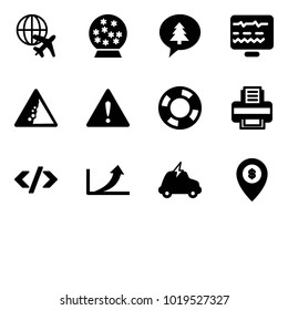 Solid vector icon set - plane globe vector, snowball, merry christmas message, diagnostic monitor, landslide road sign, attention, lifebuoy, printer, tag code, growth arrow, electric car