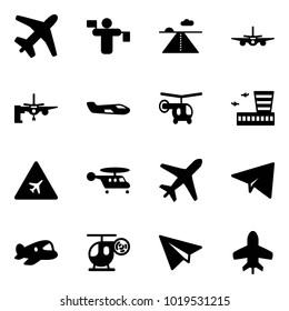 Solid vector icon set - plane vector, traffic controller, runway, boarding passengers, small, helicopter, airport building, road sign, paper, toy