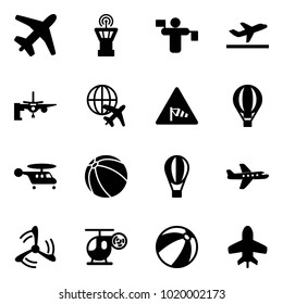 Solid vector icon set - plane vector, airport tower, traffic controller, departure, boarding passengers, globe, side wind road sign, air balloon, helicopter, ball, mill, toy, beach