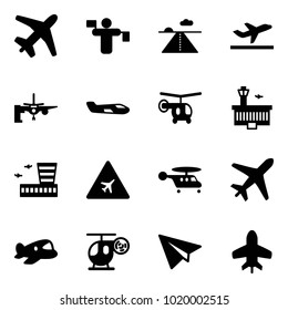 Solid vector icon set - plane vector, traffic controller, runway, departure, boarding passengers, small, helicopter, airport building, road sign, toy, paper