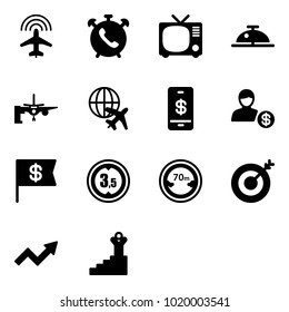 Solid vector icon set - plane radar vector, phone alarm, tv, client bell, boarding passengers, globe, mobile payment, account, dollar flag, limited height road sign, distance, target, growth arrow