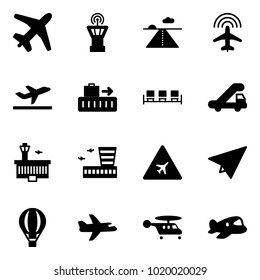 Solid vector icon set - plane vector, airport tower, runway, radar, departure, baggage, waiting area, trap truck, building, road sign, paper, air balloon, helicopter, toy