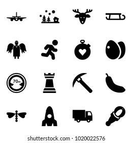 Solid vector icon set - plane vector, christmas landscape, deer, sleigh, angel, run, stopwatch heart, eggs, limited distance road sign, chess tower, rock axe, banana, dragonfly, rocket, truck toy